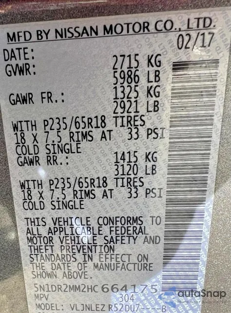 2017 Nissan Pathfinder Sv z USA, uszkodzony, nr VIN 5N1DR2MM2HC664175